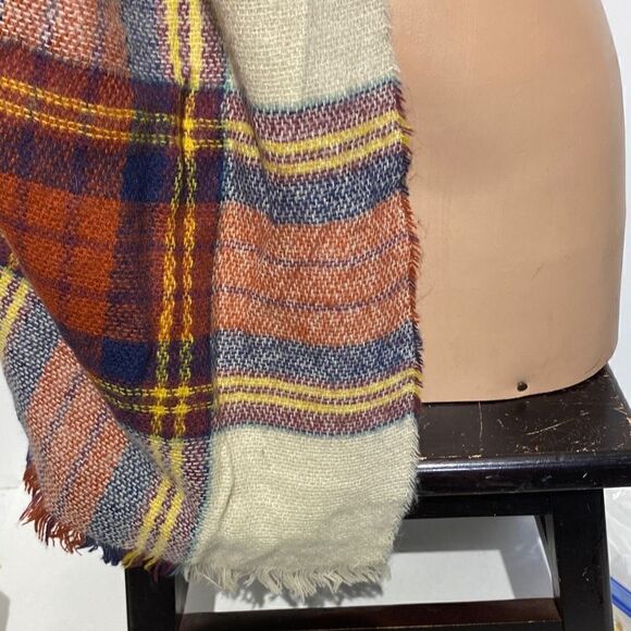 Unisex Multicolor Plaid Rectangular Print Fringe Trim Cream Scarf 28x78 - Picture 2 of 6